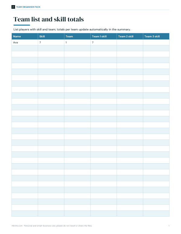 Preview of Printable Team Balance Sheet